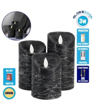 GloboStar® 79557 ΣΕΤ 3 Διακοσμητικών Realistic Κεριών Παραφίνης με LED Εφέ Κινούμενης Φλόγας - Μπαταρίας & Ασύρματο Χειριστήριο IR Μαύρα με Ασημένιες Ρίγες Θερμό Λευκό 3000K Dimmable